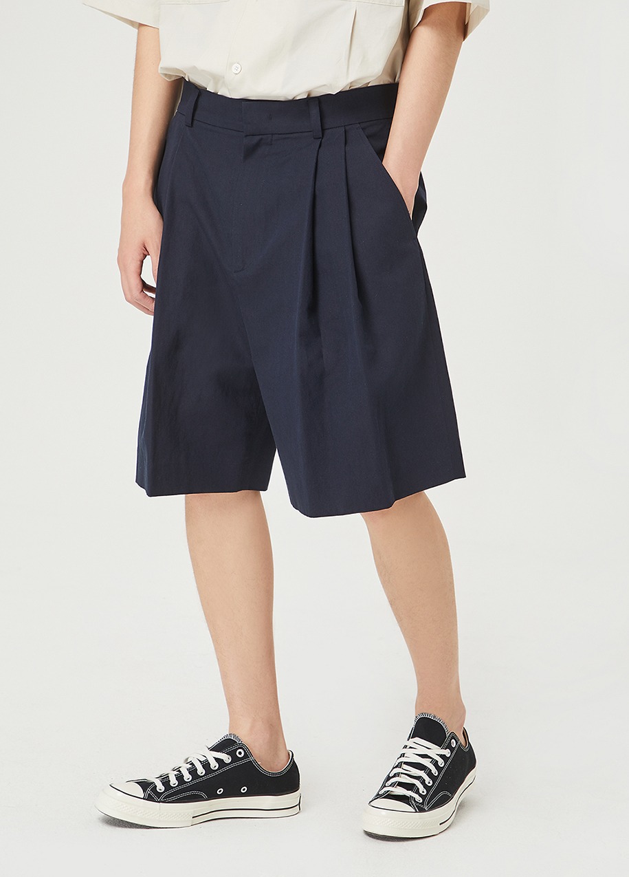 Cotton two-tuck wide half pants