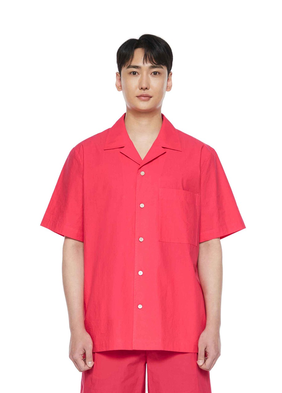 체리 핑크 오픈카라 포켓 반팔 셔츠 HOT-PINK