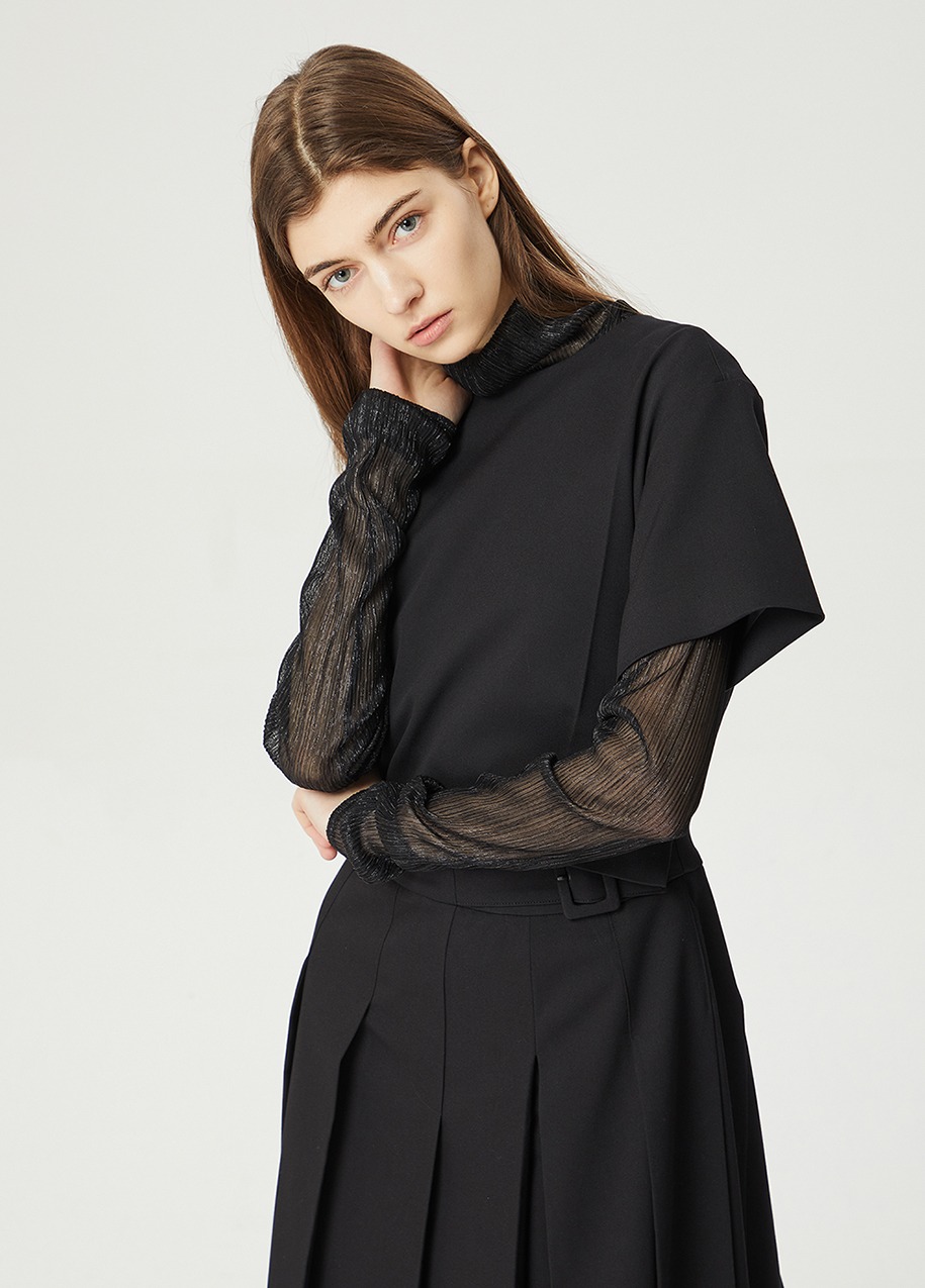 High neck pleated see-through blouse