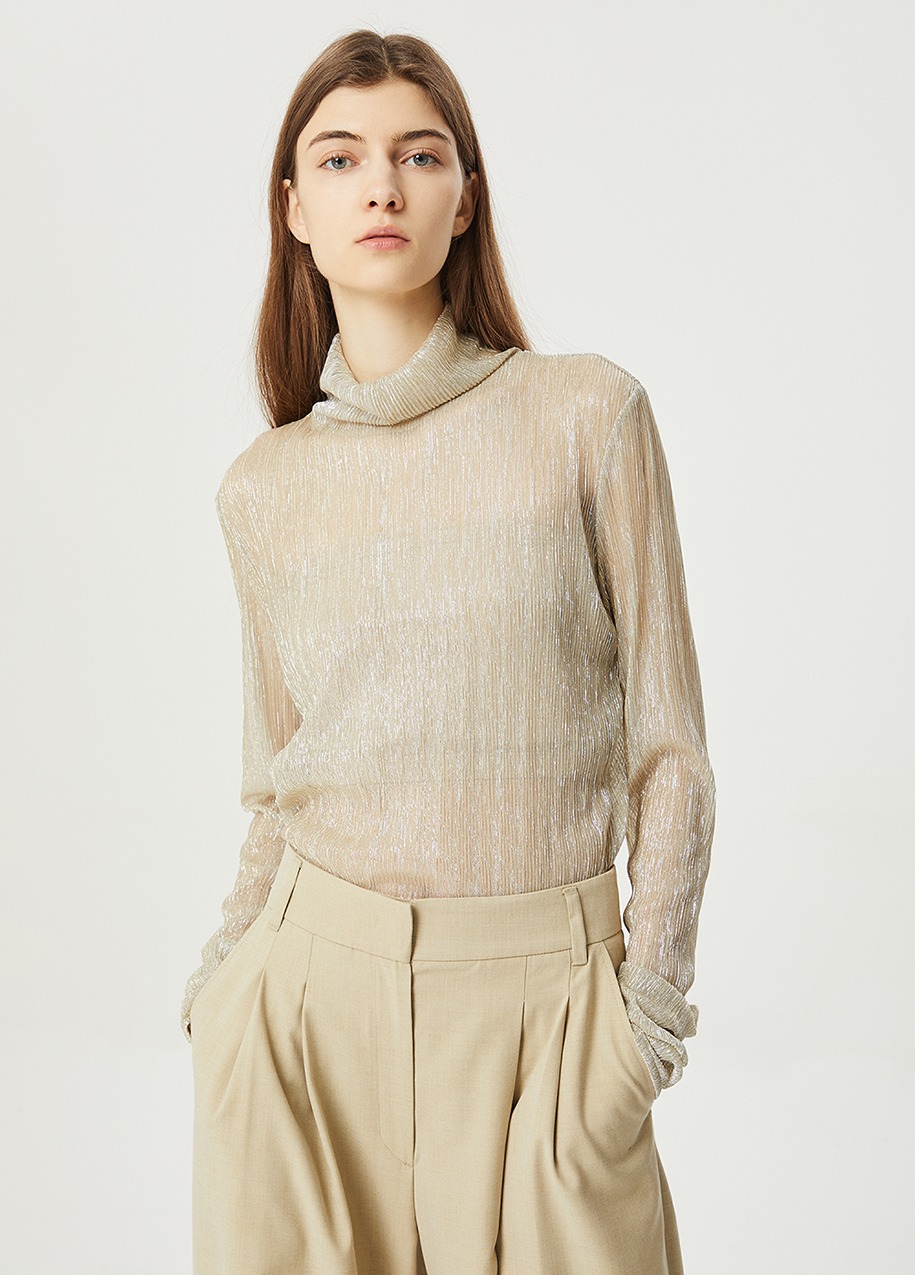 High neck pleated see-through blouse