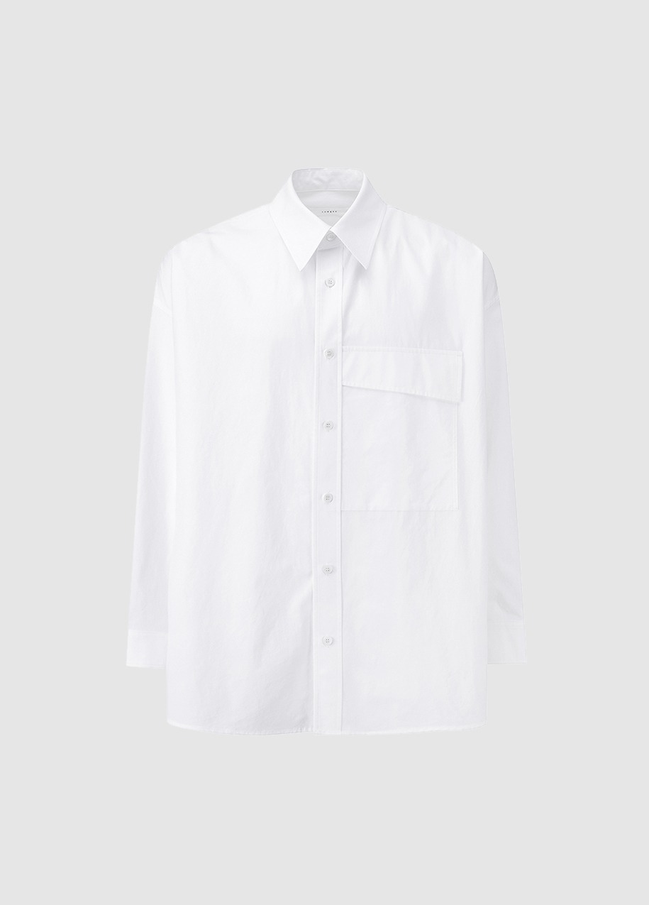 Diagonal single pole wrap pocket cotton shirt